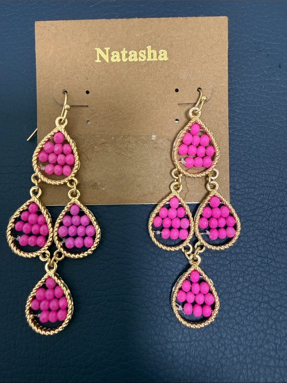 Natasha Couture Gold and Hot Pink Teardrop Chandelier Earrings